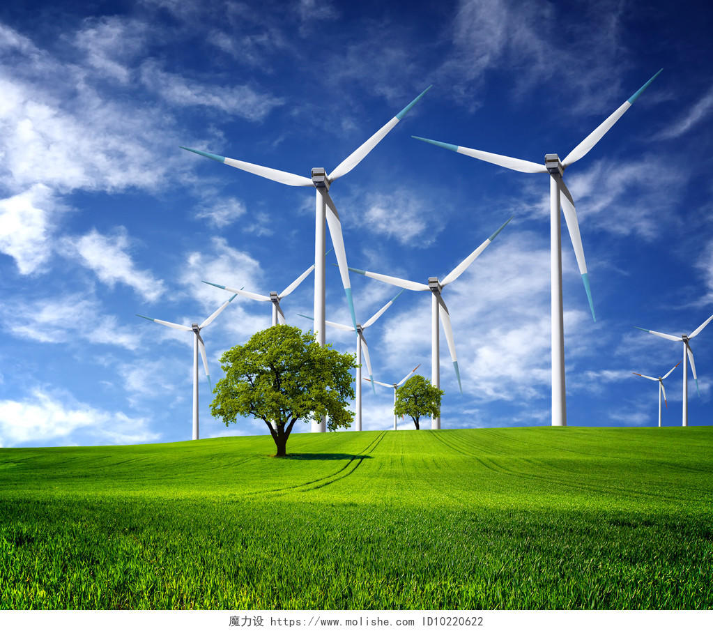 风车发电一排风车绿色草地草原蓝天白云新能源发电